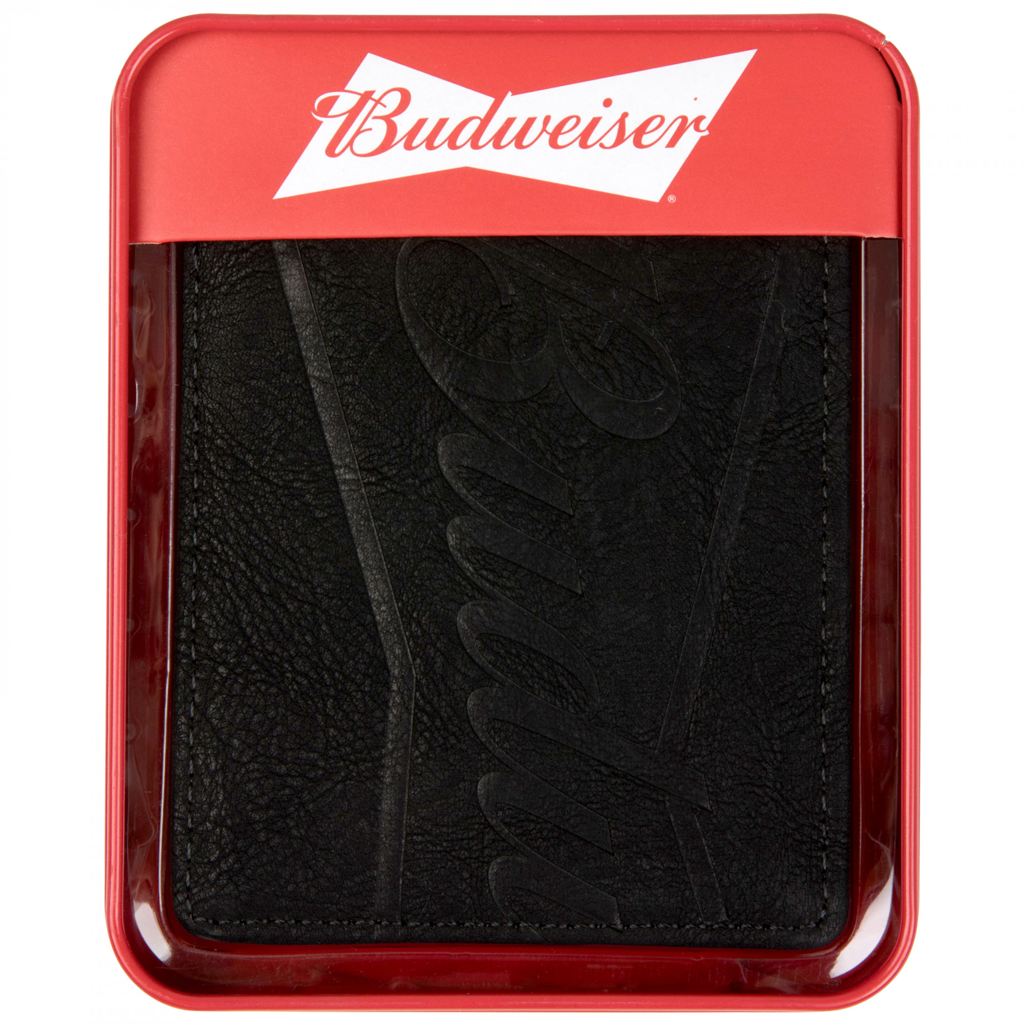 Budweiser Black Bifold Wallet Large Bowtie Logo Deboss with ID Window